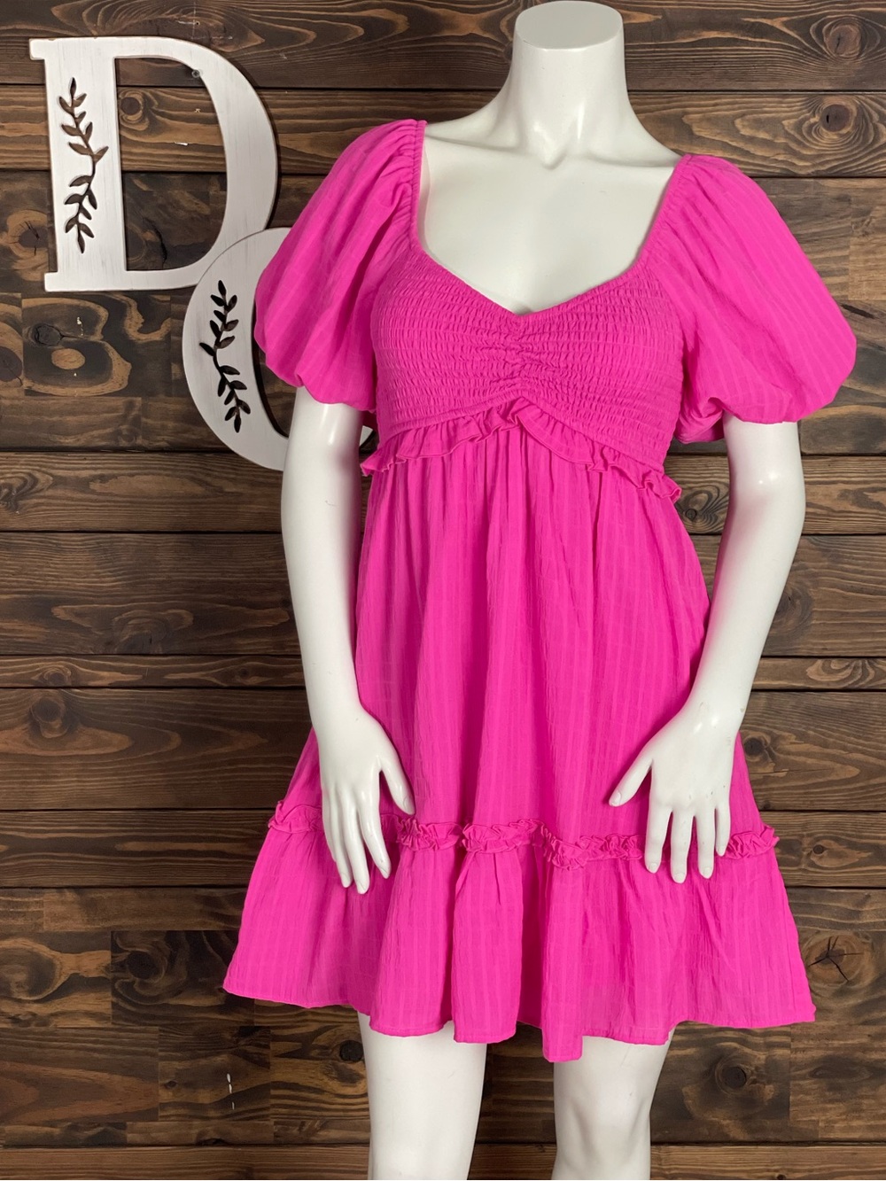 Allison + Kelly | Smocked Fuchsia Pink Puff-Sleeve Mini Dress Sweetheart Ruffle
